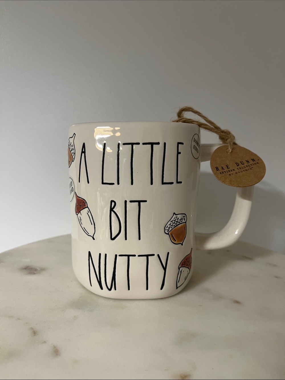 Rae Dunn Cream Mug with Black Lettering and Brown Acorn Accents